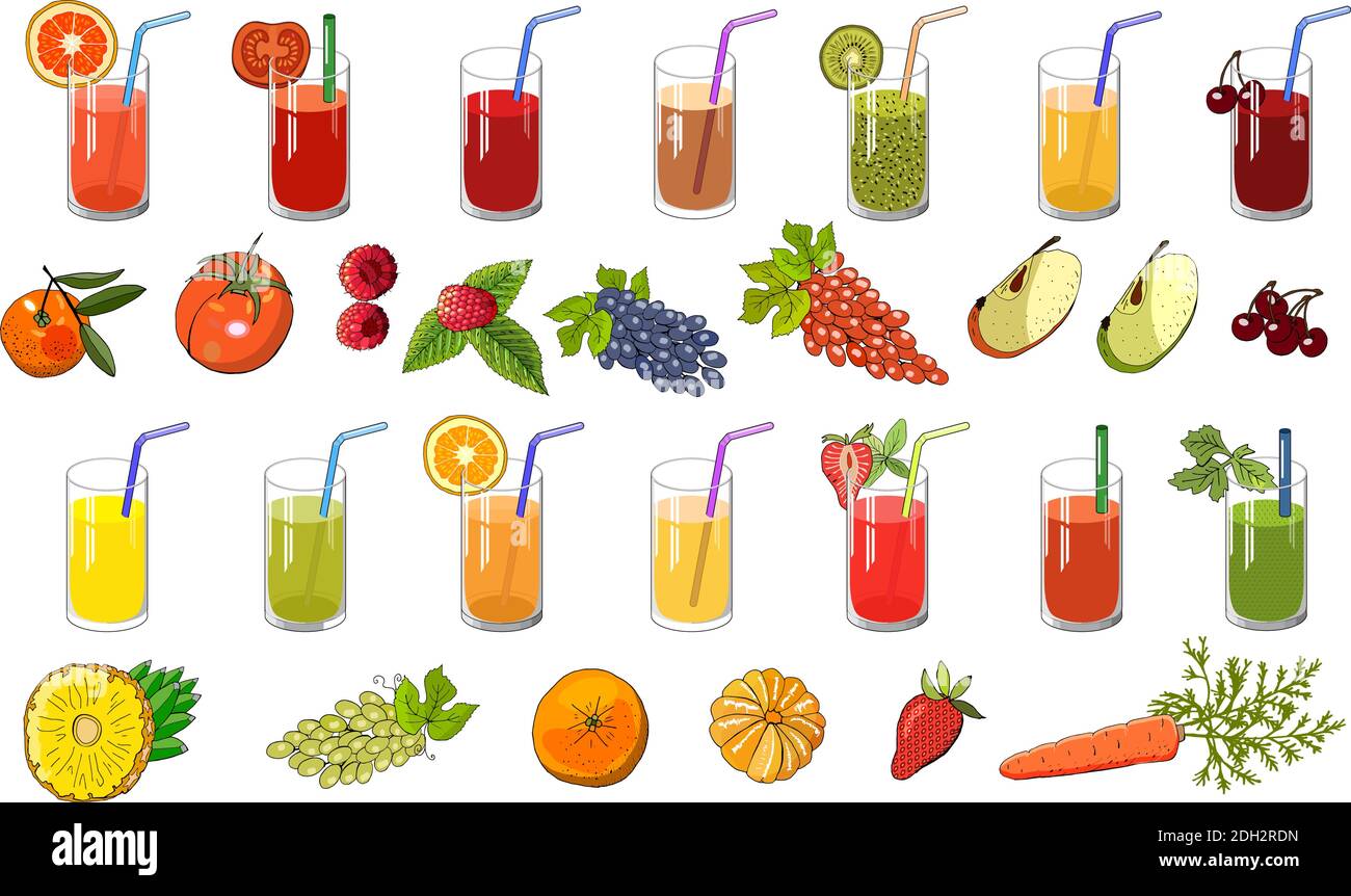 Set of natural juice and fruit. Vector hand drawn illustration for your design, announcements, cards, posters, restaurant menu. Stock Vector