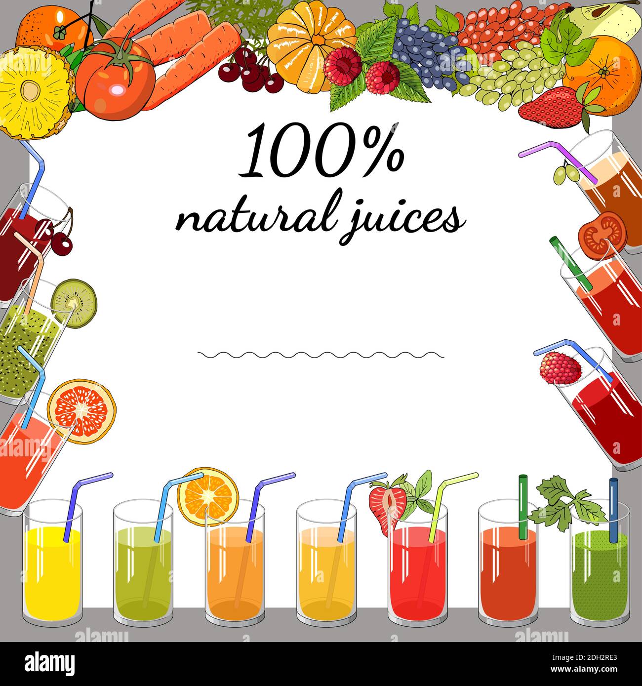 Natural juice template. Vector hand drawn illustration for your design, announcements, cards, posters, restaurant menu. Stock Vector