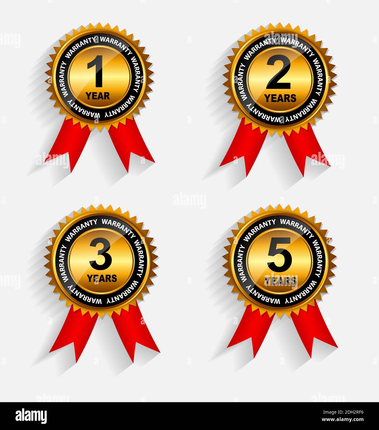 Warranty Gold Label Set with Red Ribbon Stock Photo - Alamy