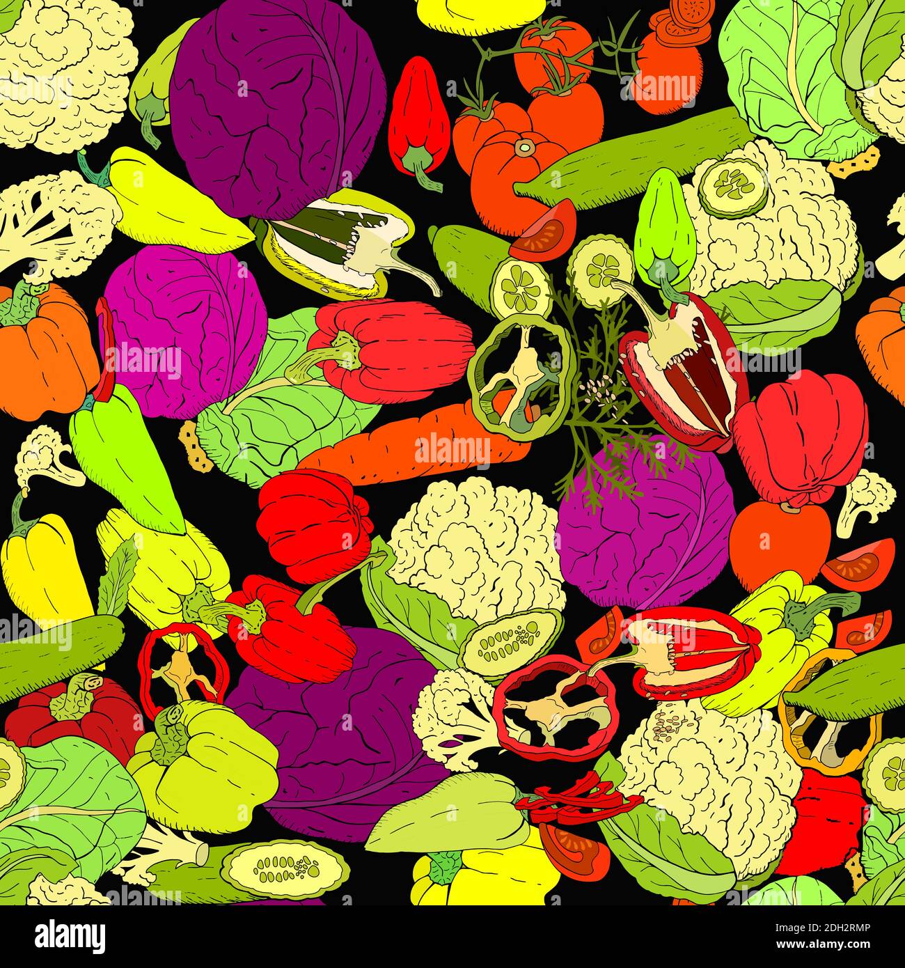Vector seamless pattern with different fresh vegetables. Hand drawn endless texture for your design, announcements, postcards, posters, restaurant men Stock Vector