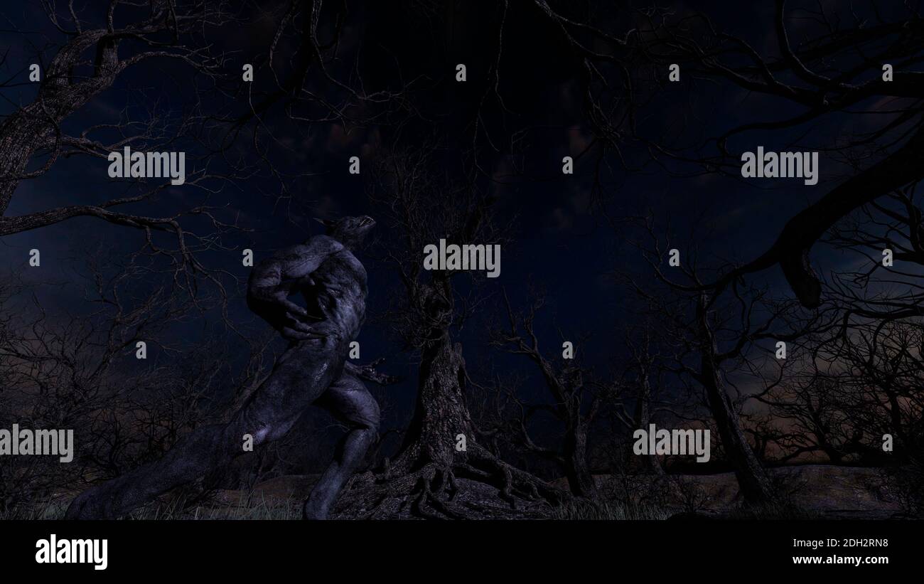Illustration of a werewolf during the night in the creepy forest - 3d ...