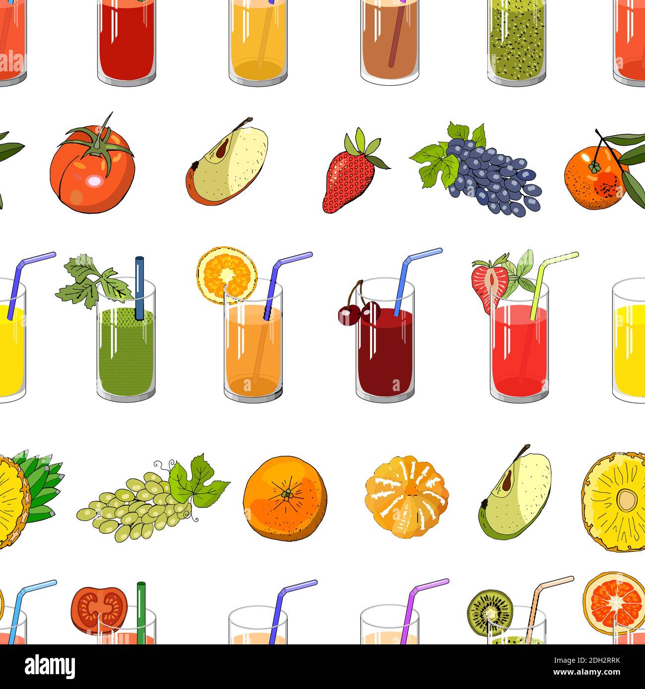 Seamless pattern with natural juice and fruit. Vector endless hand drawn illustration isolated on white background. For your design, announcements, ca Stock Vector