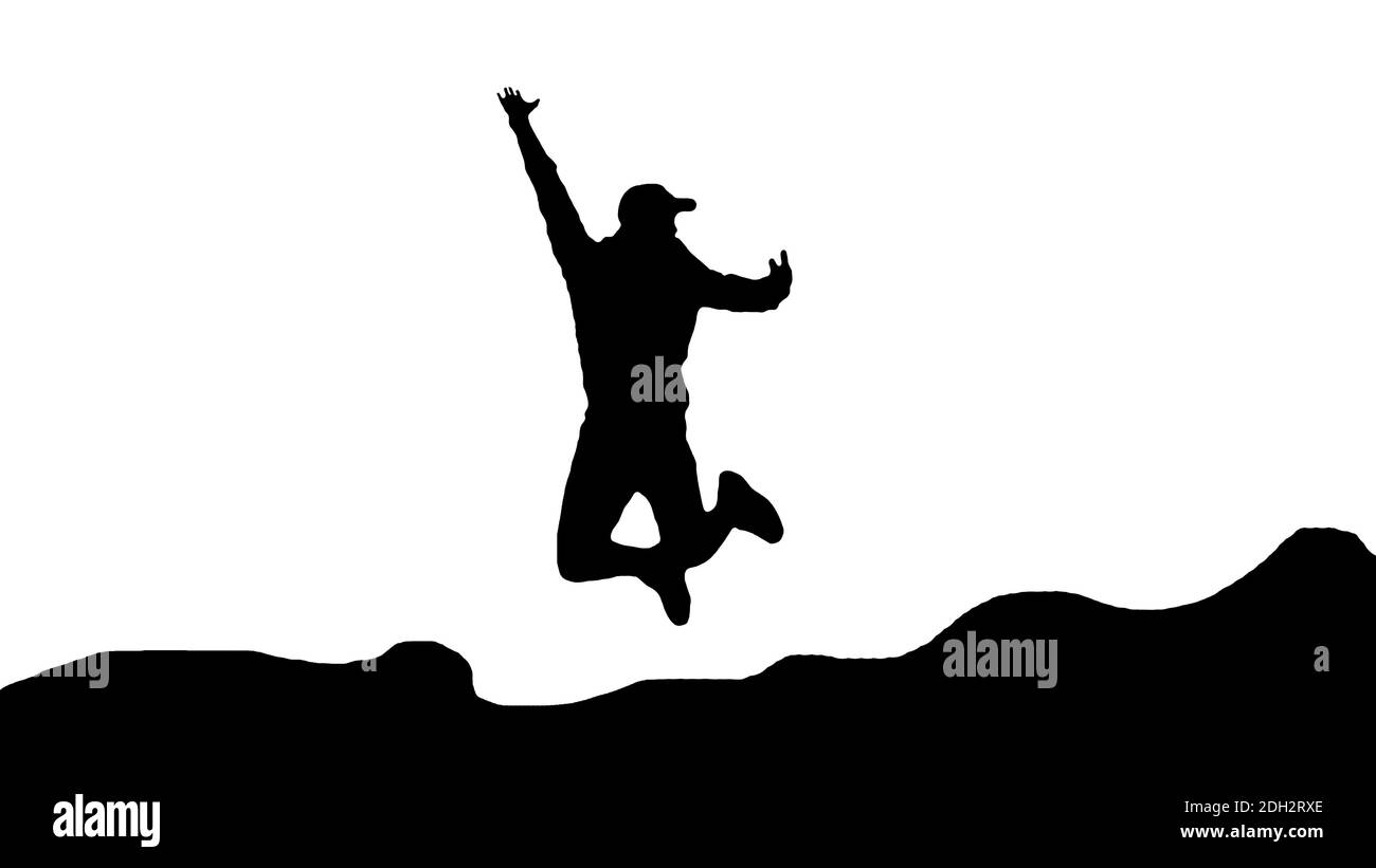 Illustration of a silhouette of a man jumping on the hills,isolated on white. Stock Photo