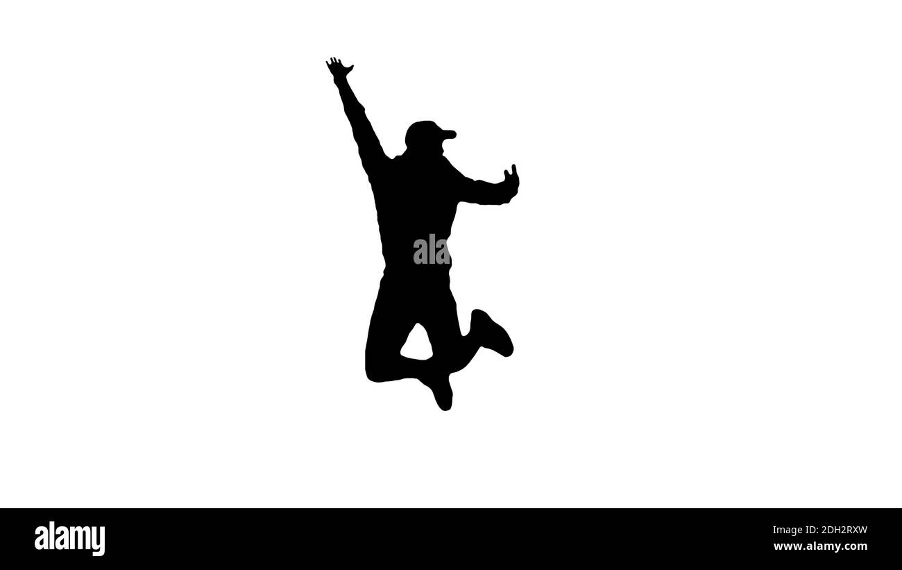 Silhouette of a man in a jump,isolated on white,black outline of a jumping man in a jump. Stock Photo