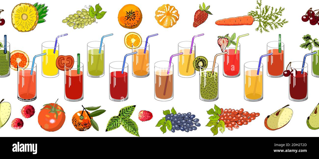 Endless border of natural juice and fruit. Vector seamless hand drawn illustration for your design, announcements, cards, posters, restaurant menu. Stock Vector