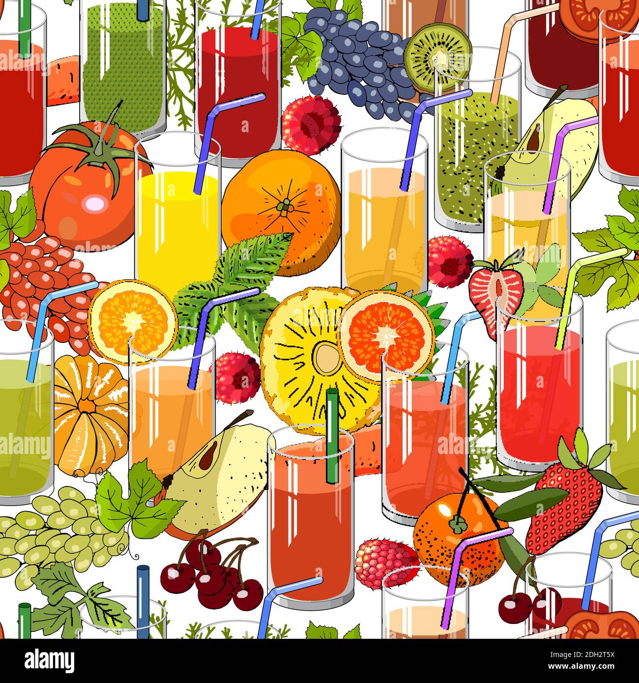 eamless pattern with natural juice and fruit. Vector endless hand drawn illustration. For your design, announcements, cards, posters, restaurant menu. Stock Vector