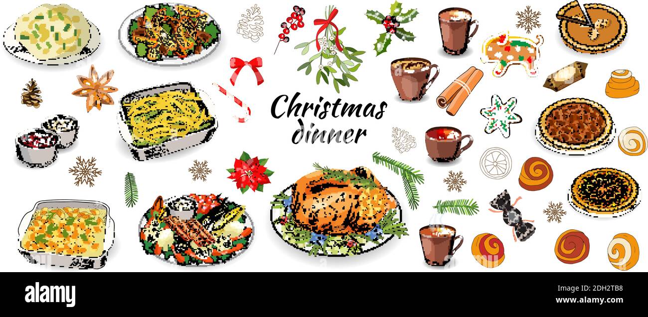 Vector hand drawn illustration of traditional Christmas dishes isolated on white background. Holiday food. Classic New Year eating. Main course and ga Stock Vector