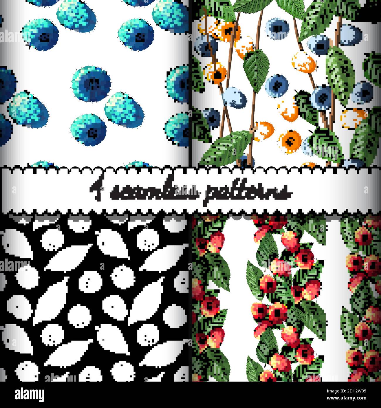 Raspberry Ripening Pattern Chart Set of four seamless summer patterns with ripe raspberries and leaves ...