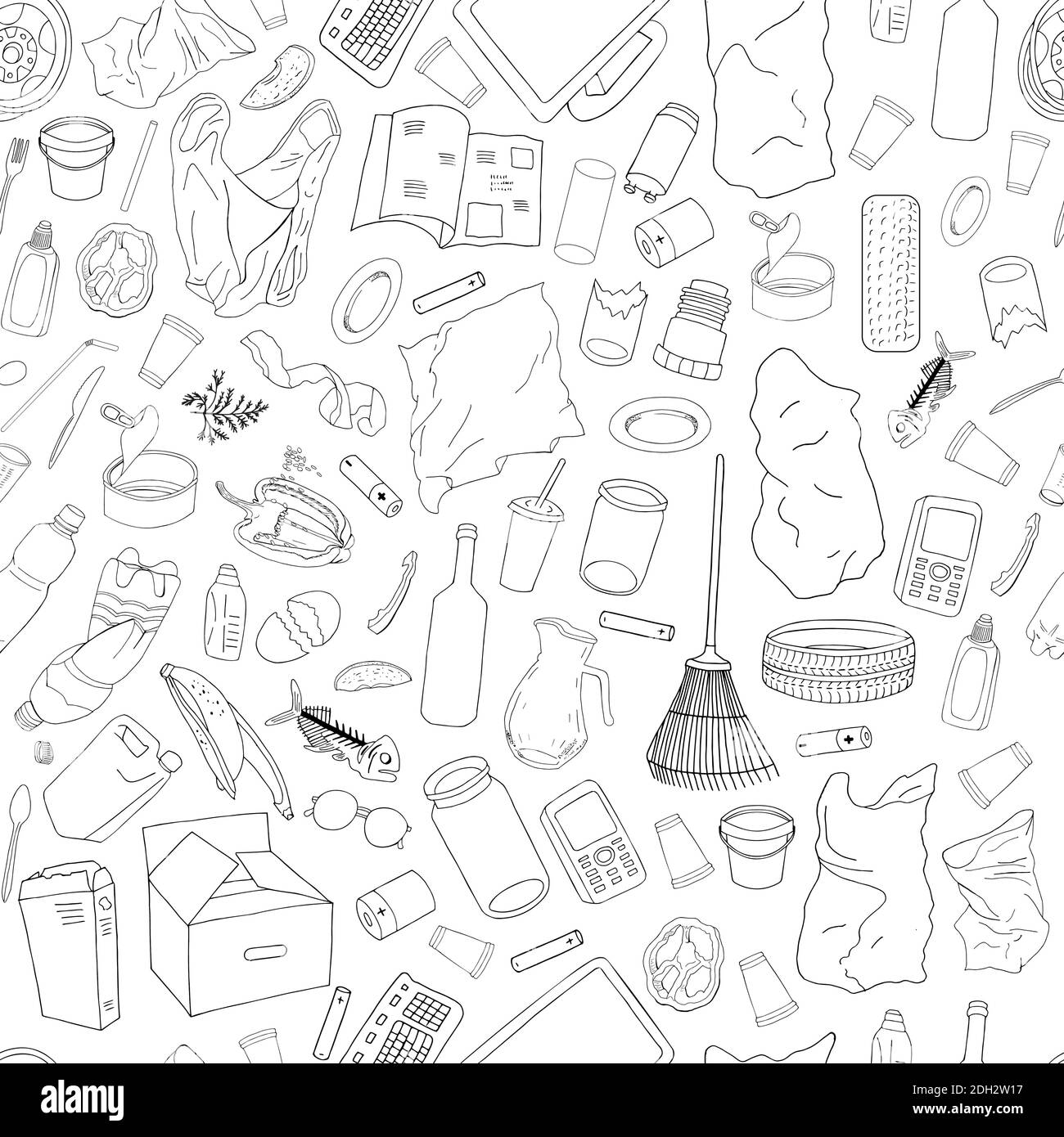 Seamless pattern with different kinds of garbage isolate on white. The ...
