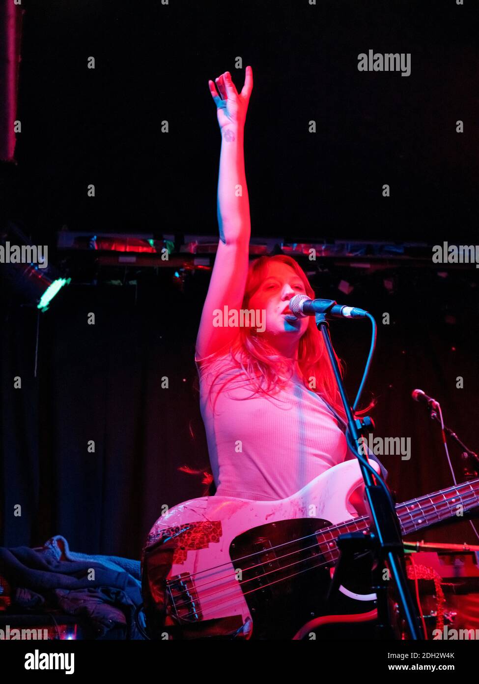 Lina Molarin Ericsson, bass guitarist of Swedish band ShitKid live at the Old Blue Last, London, UK. February 8, 2020. Stock Photo
