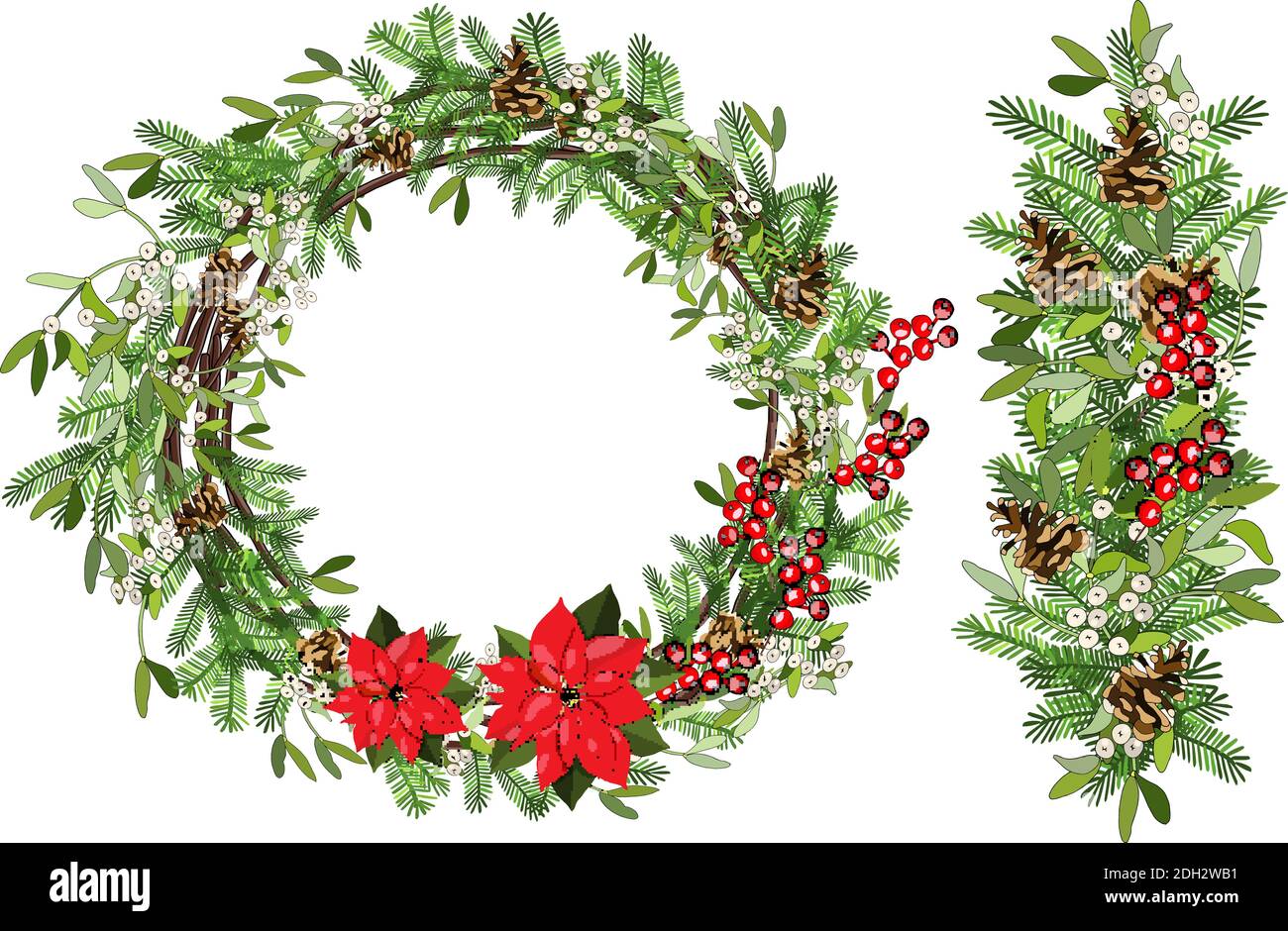 Vector festive wreath whith mistletoe, cone, branch, holly, poinsettia isolated on white background. Stock Vector