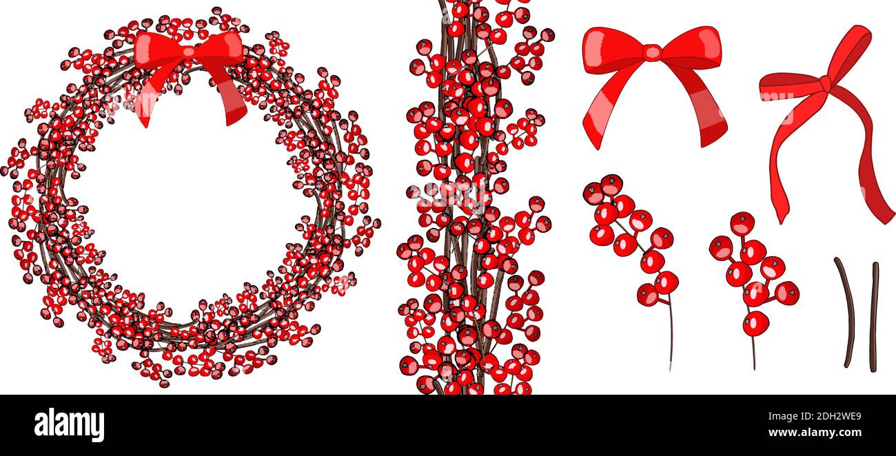 Hand drawn wreath with red berries. Vector hand drawn round frame for ...