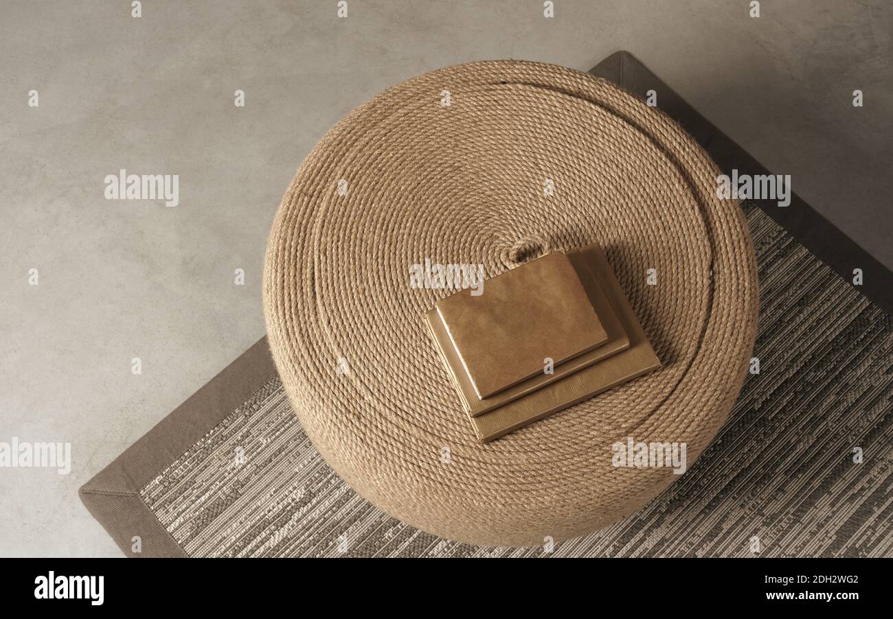 Brown Books Stacked On Hand Made Coffee Table On Carpet On Floor Stock Photo Alamy