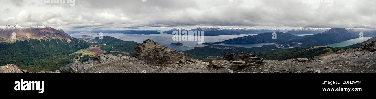 Panoramic from the top of the Guanaco hill of the Beagle Channel in Ushuaia Argentina Stock Photo