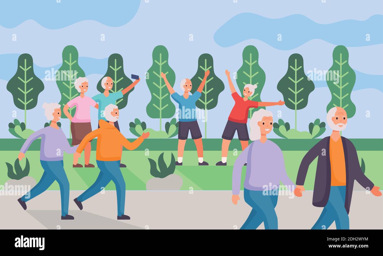 active seniors couples practicing activities in the camp vector