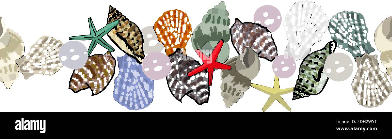 Endless border of marine elements and seashells. Isolated illustration on white background for your design. Stock Vector