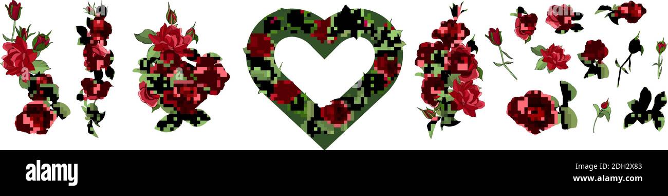 Vector hand drawn elements set of red roses, leaves, bud and an open ...