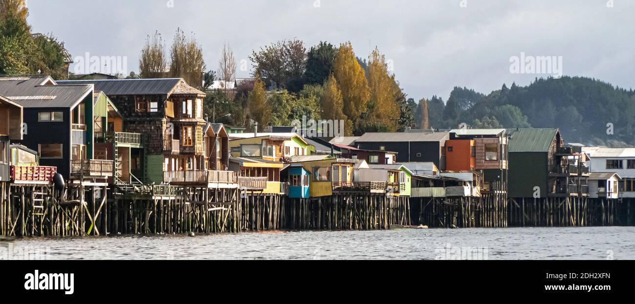 Palafitos de Castro on the island of Chiloé constructions of houses on wooden stilts over the sea Stock Photo