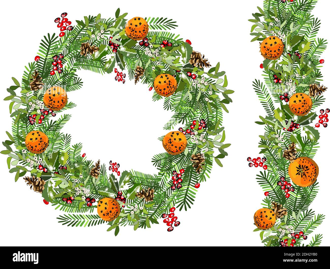 Christmas holiday decorative wreath, seamless border and holiday elements of tree branches with garland, orange, cinnamon, cone, holly, piece of orang Stock Vector