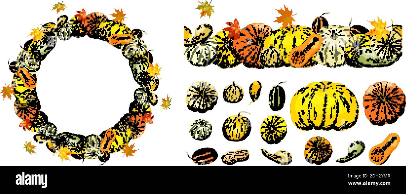 Autumn frame and seamless border isolated on white background. Pumpkins ...