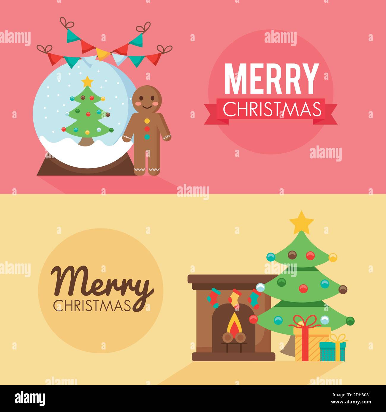 happy merry christmas pines trees with sphere snowy and chimney flat ...