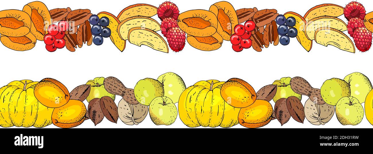 Seamless fruit background with apricots, apples and nuts. Stock Vector