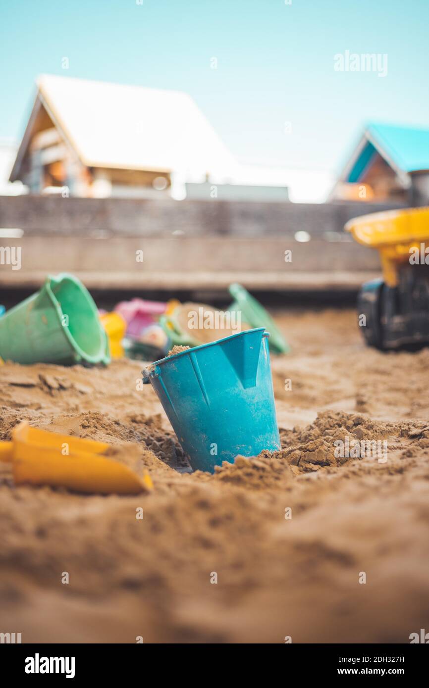 Childhood sandbox concept: Close up of plastic toy bucket Stock Photo