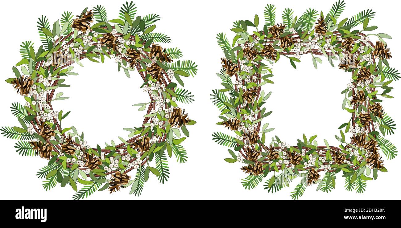 Vector christmas seamless border with mistletoe, spruce cone, spruce branches isolated on white. Stock Vector
