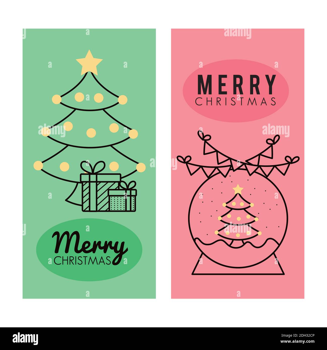 happy merry christmas pines trees with sphere snowy and chimney line ...