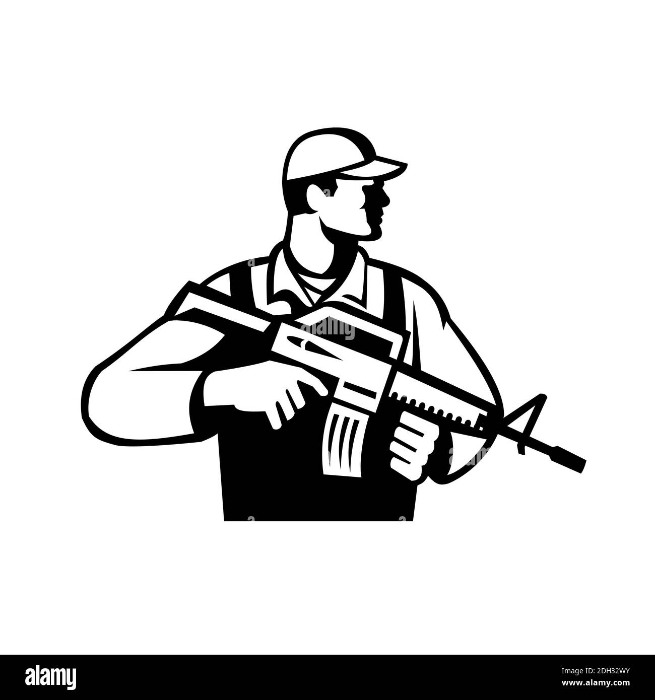 Soldier or Military Serviceman With Assault Rifle Looking Side Retro Black and White Stock Photo