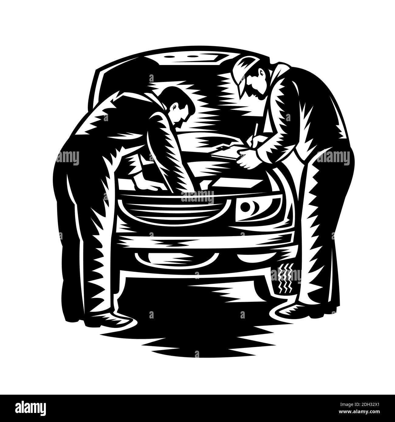 Automotive Mechanic Car Service and Repair Woodcut Black and White