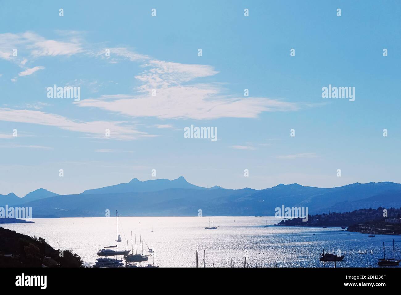 Sea view and mountains in the Mediterranean at sunset, summer vacation travel and holiday destination Stock Photo