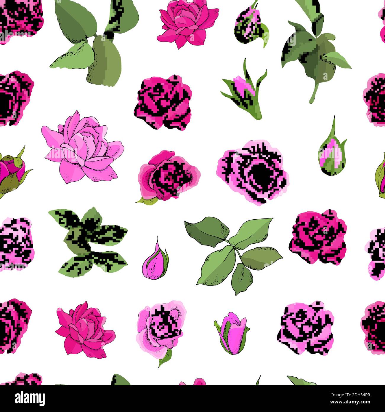 Flowers seamless pattern. Vector hand drawn illustration of roses. For ...