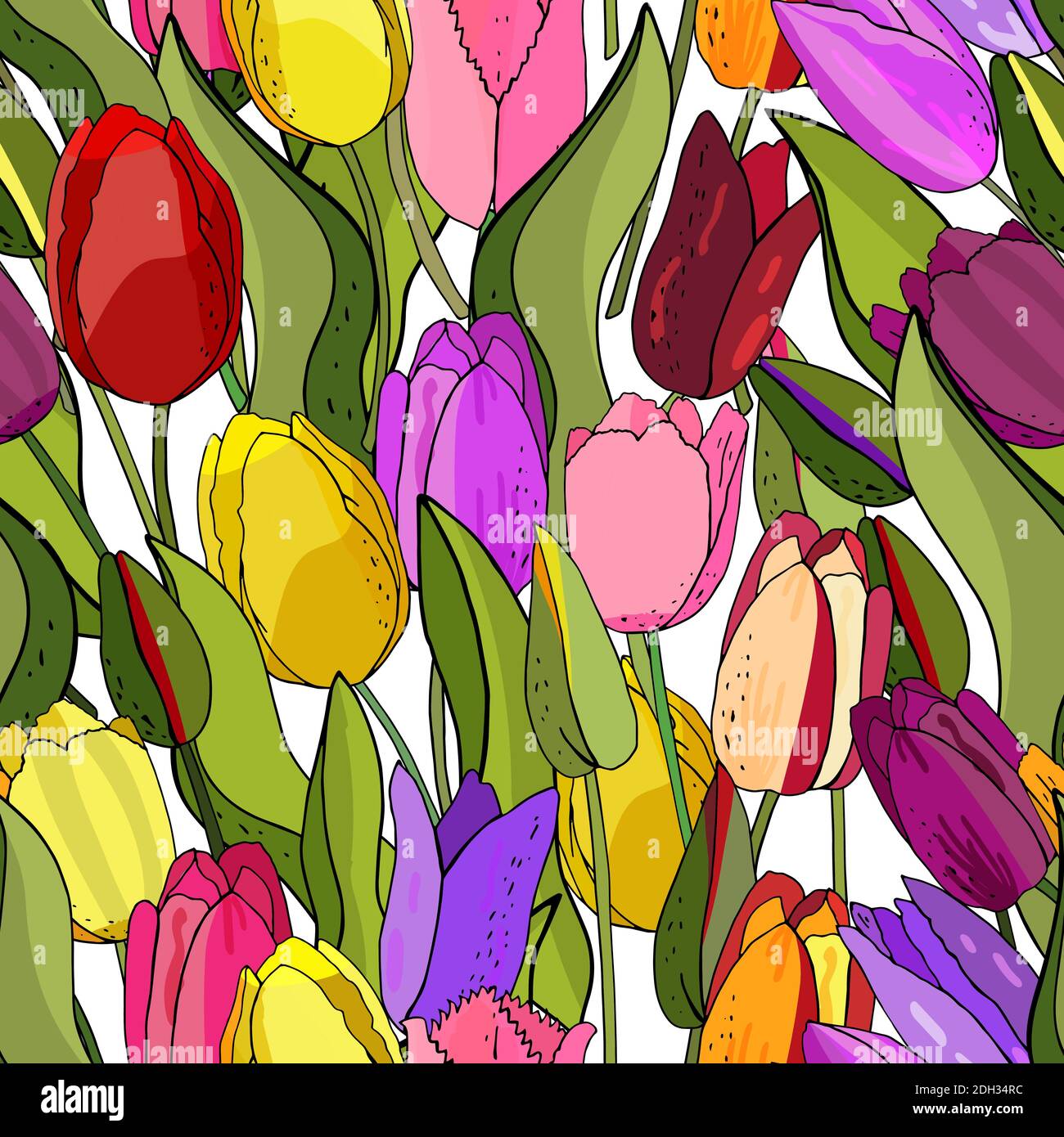 Beautiful Wild blooming tulip seamless pattern in a hand drawing style on white background, wrapper. Vector Floral botanical flower. Spring leaf wildf Stock Vector