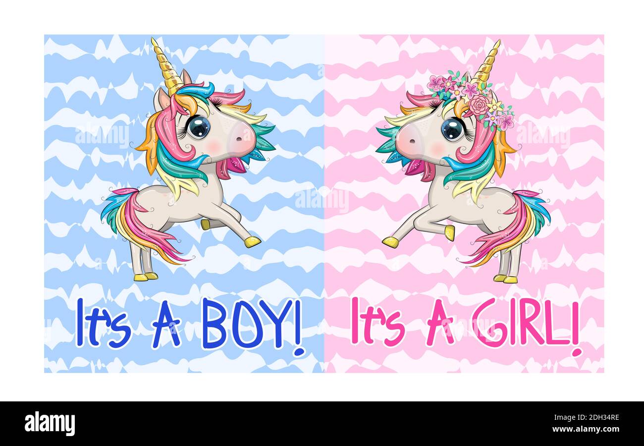 Baby Shower Greeting Card with cute Cartoon Unicorn girl and boy Stock ...