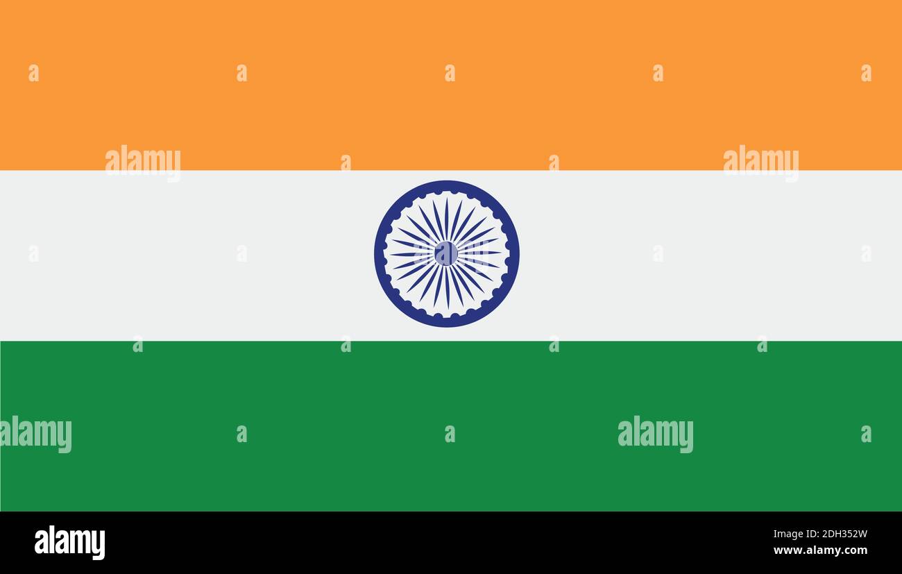 The National Flag of India. A horizontal Tricolor triband with a navy blue wheel with 24 spokes in the centre Stock Vector