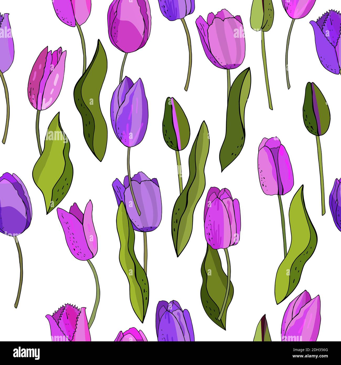 Beautiful Wild blooming tulip seamless pattern in a hand drawing style
