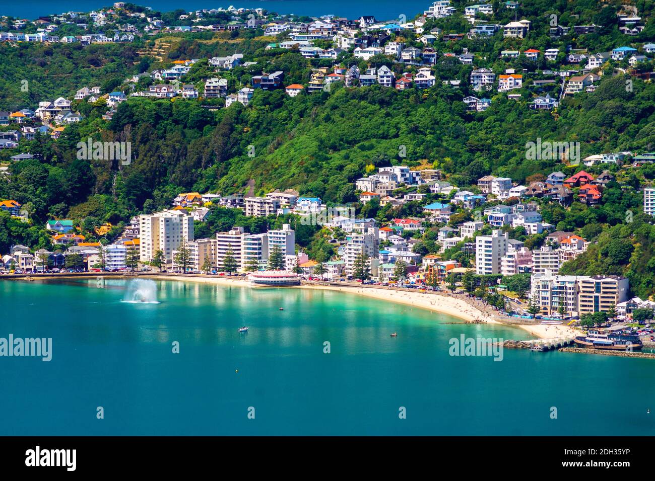 WELLINGTON, NEW ZEALAND - Feb 25, 2020: Afternoon view during summer looking across the harbour towards the popular inner city beach at Oriental Bay a Stock Photo