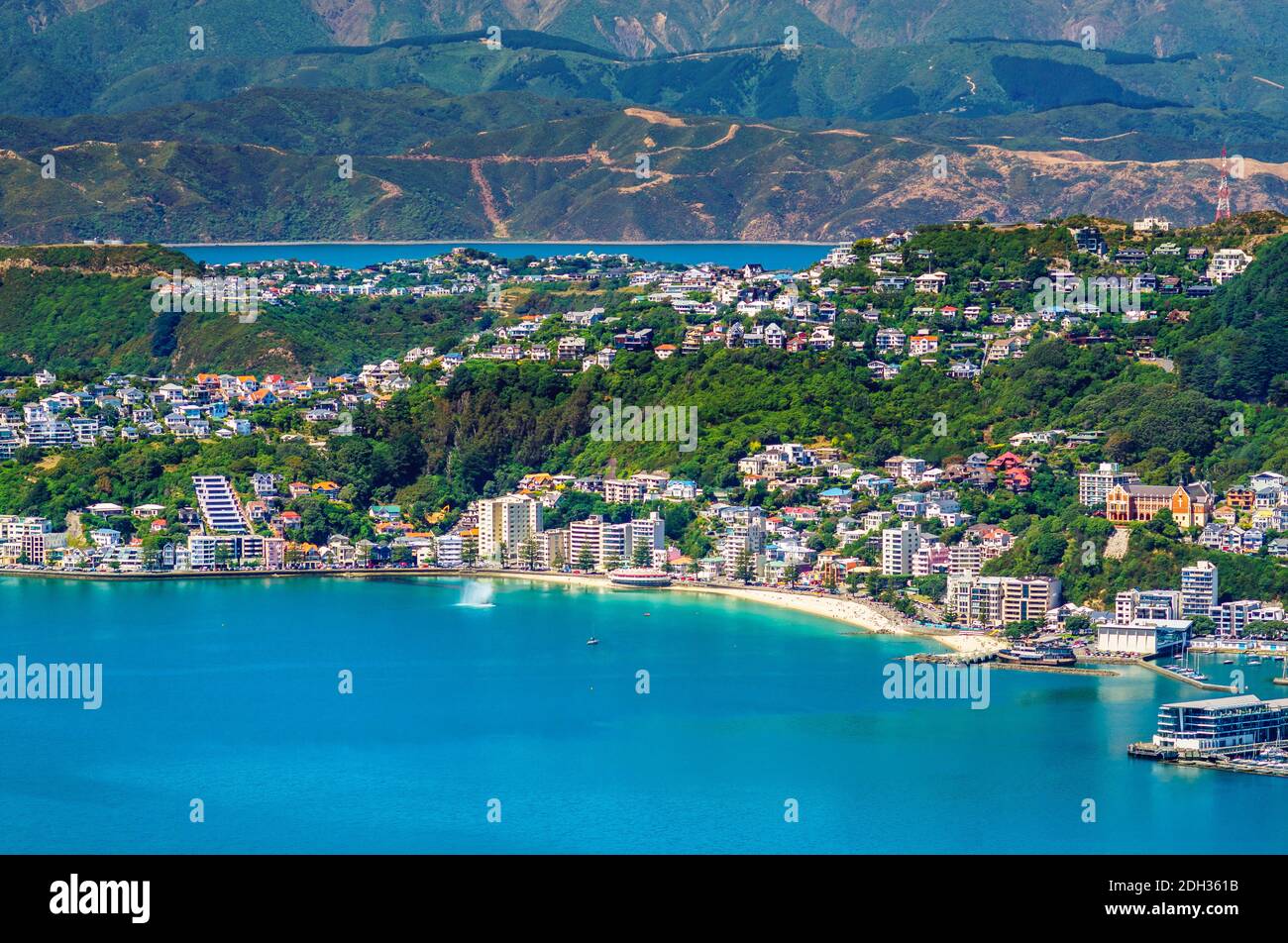WELLINGTON, NEW ZEALAND - Feb 25, 2020: Afternoon view during summer looking across the harbour towards the popular inner city beach at Oriental Bay a Stock Photo