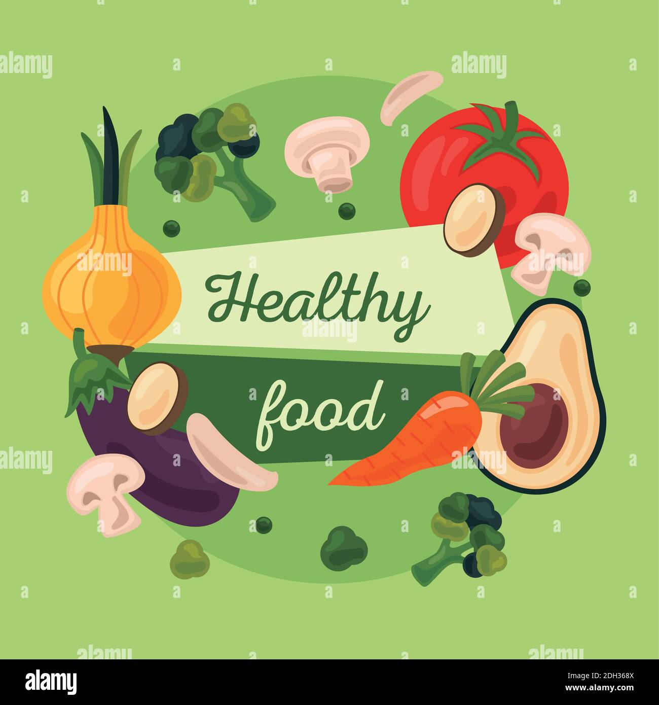 fresh fruits and vegetables healthy food set icons and lettering vector ...