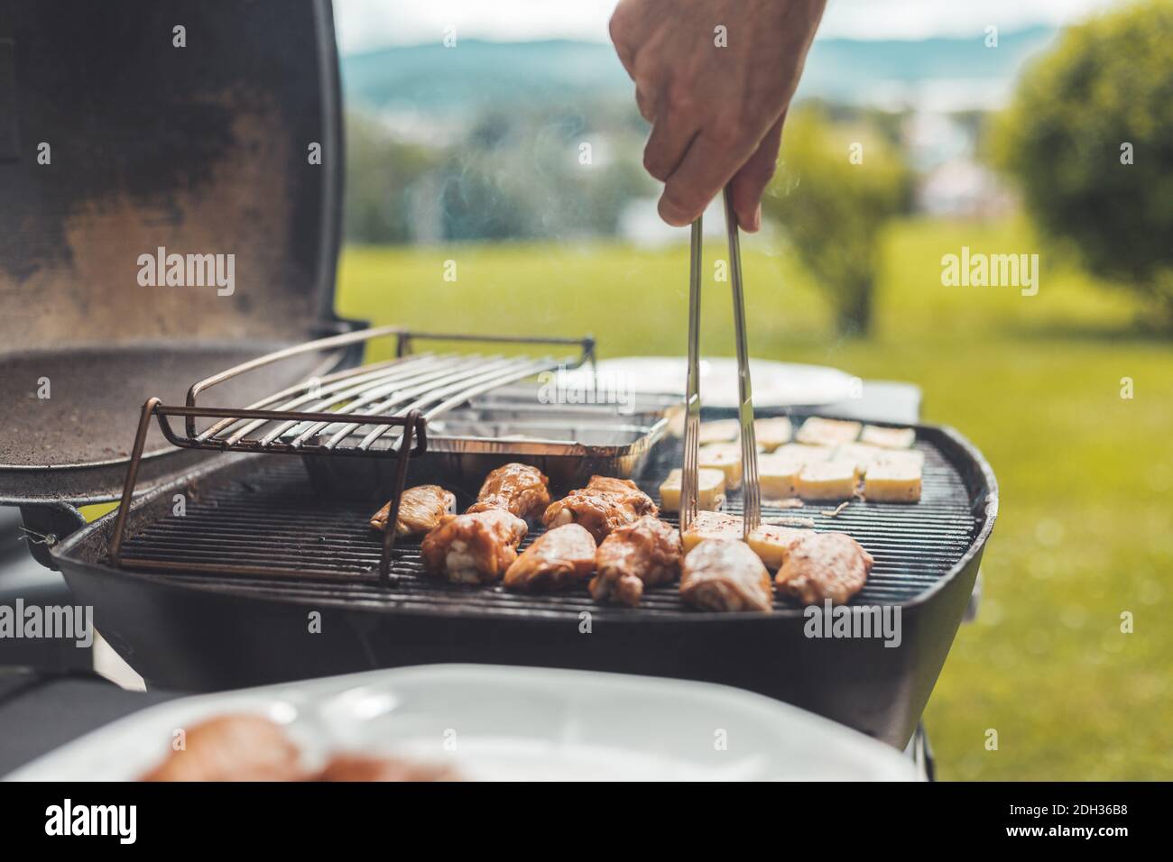 BBQ on weekend. Chicken wings, cheese and vegetables on gas grill. Outdoors. Stock Photo