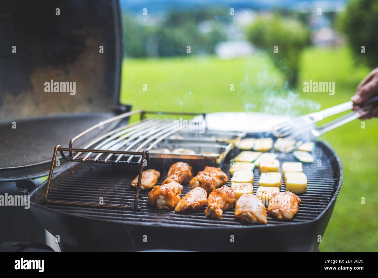 BBQ on weekend. Chicken wings, cheese and vegetables on gas grill. Outdoors. Stock Photo