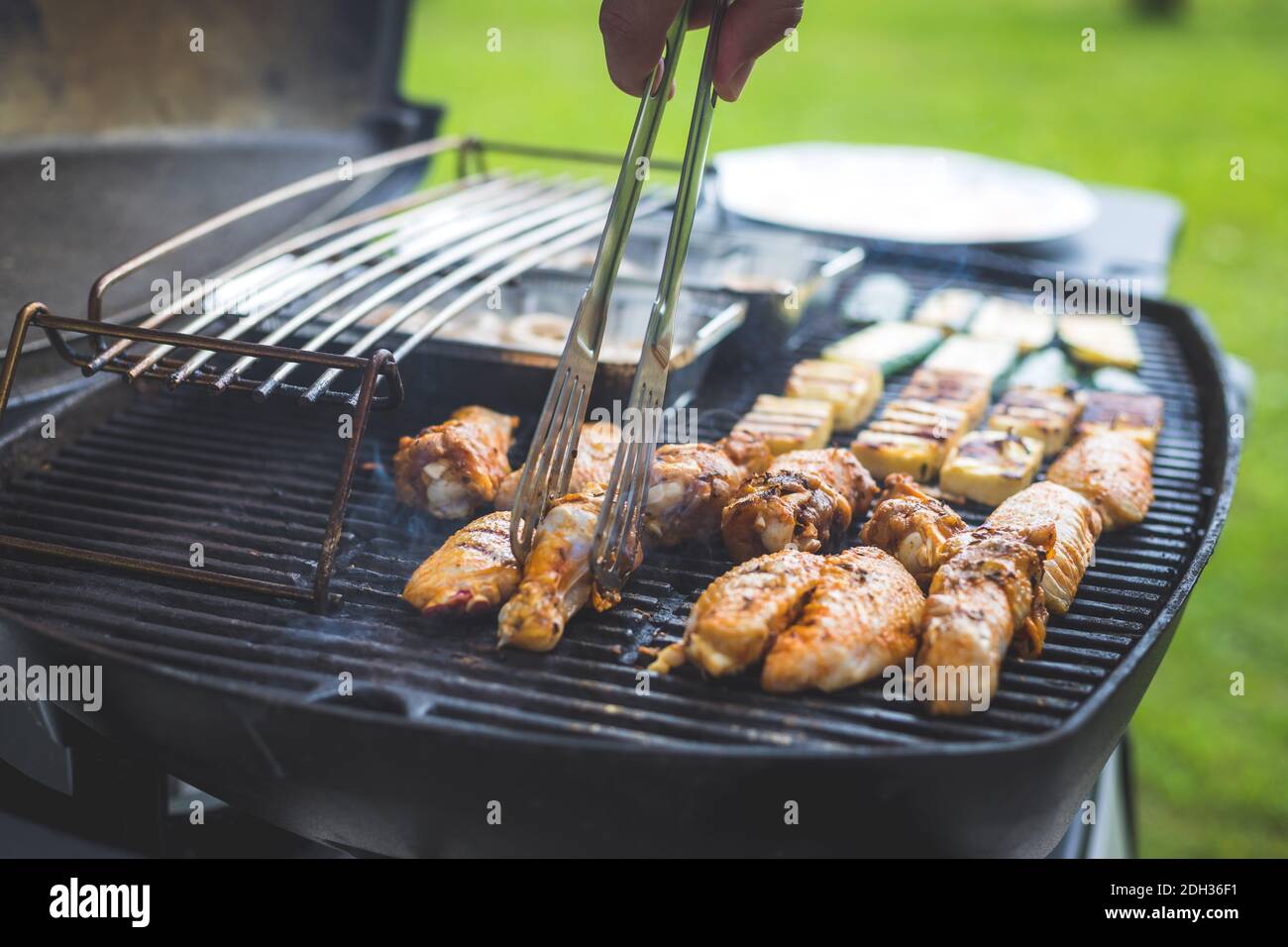 BBQ on weekend. Chicken wings, cheese and vegetables on gas grill