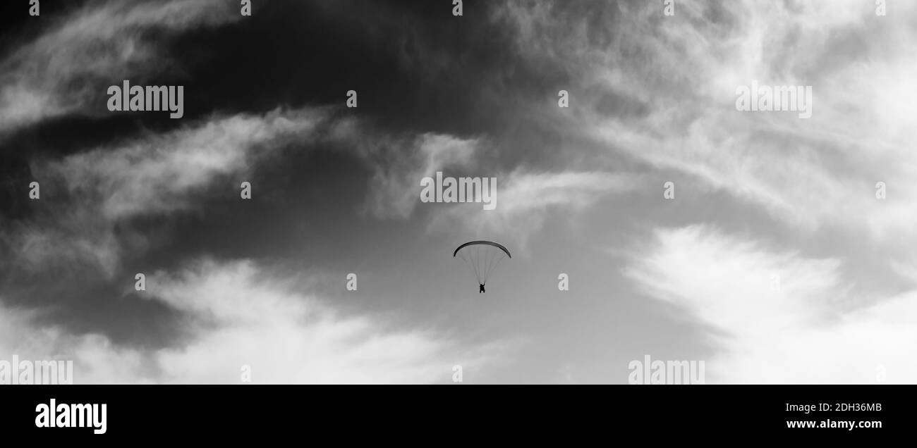 Panoramic view on silhouette of skydiver at windy sky. Black and white toned image. Stock Photo