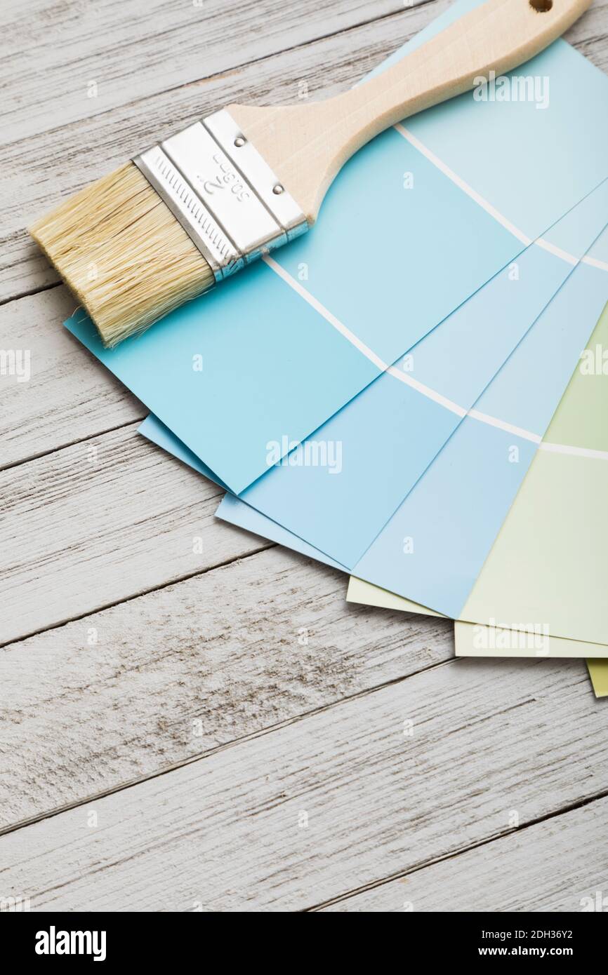 paint samples laying on wood Stock Photo