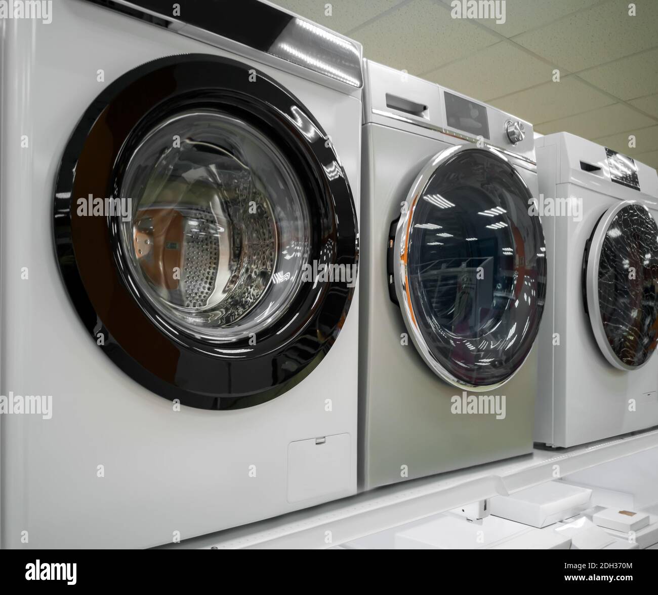Washing machines are sold in the store. Stock Photo