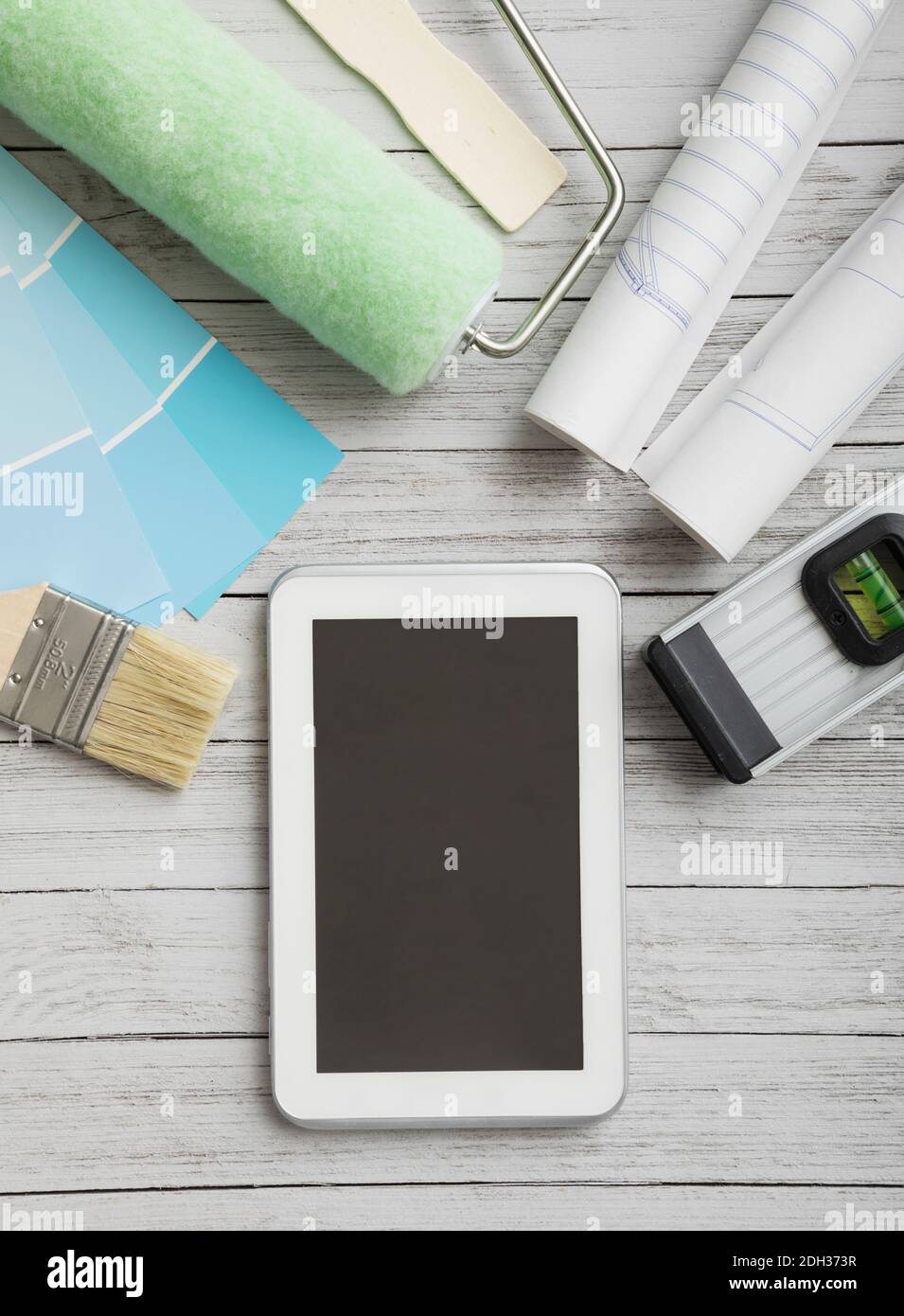Digital tablet with home remodeling supplies Stock Photo