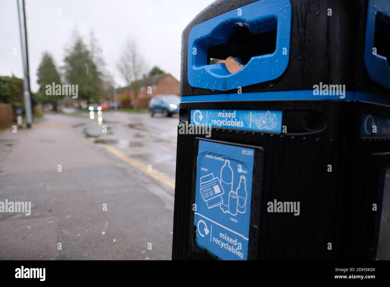 Cambridge UK December 2020 Garbage bins on the streets of Cambridge, blue bins for recyclable