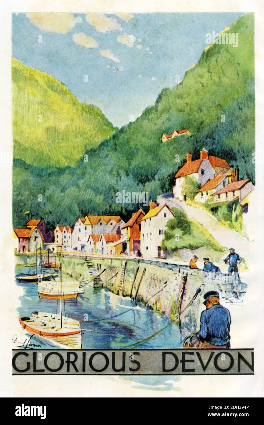 Glorious Devon, 1920s illustration from a guidebook to the English county, fishermen mend their nets by their boats in the harbour Stock Photo
