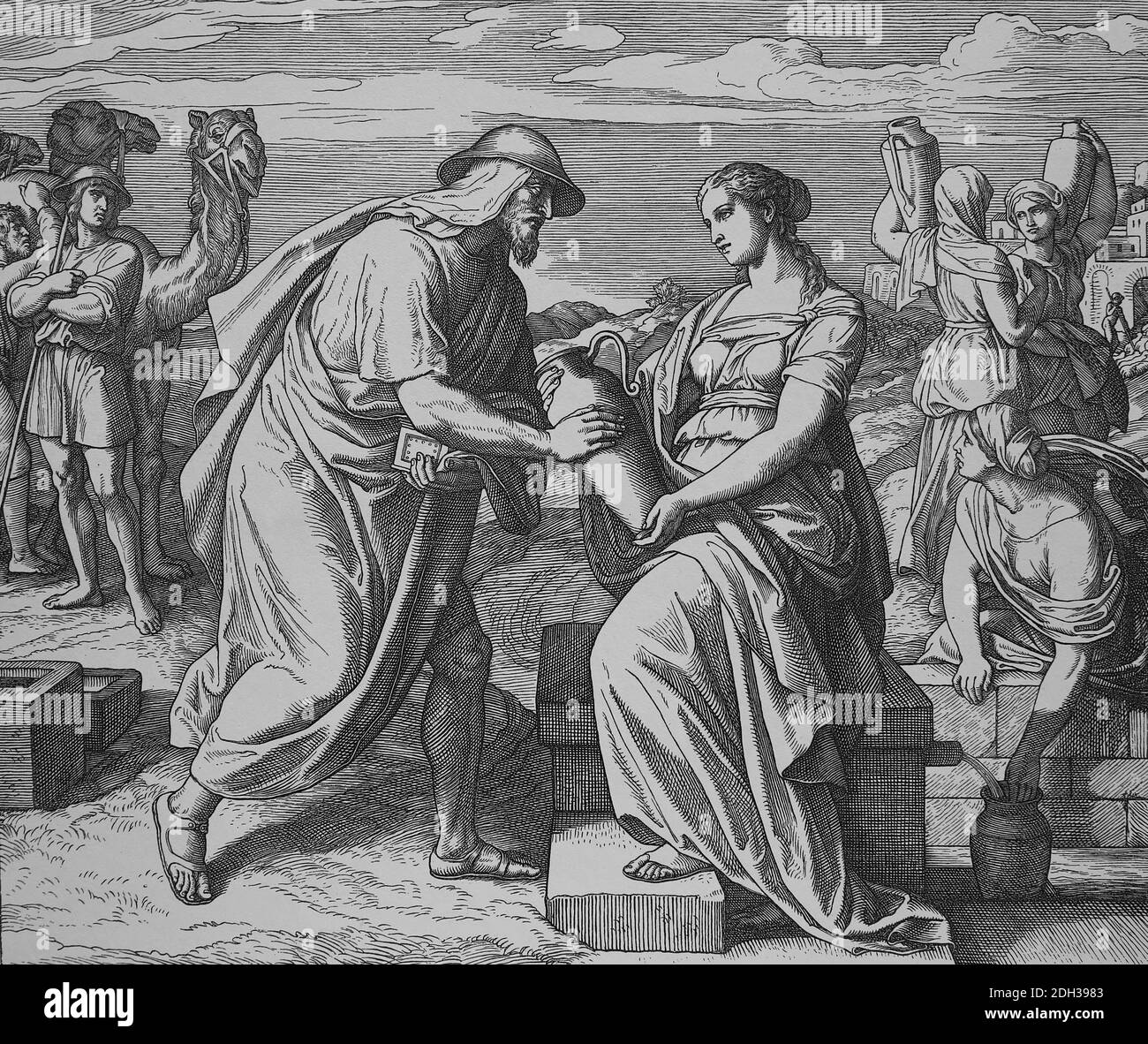 Old Testament. Genesis. Chapter 24. Rebekah gives Abraham's servant (Eliezer) water. Engraving by Julios Schorr von Carolsfeld (1794-1872). Stock Photo